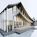 Modern Sales Office with Curved Roof Glass Curtain Walls White Columns Lawn and Water Pool