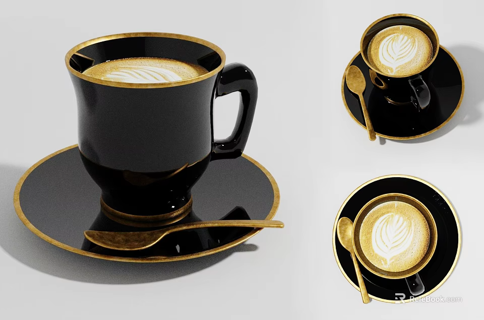 Black Coffee Cup With Gold Rim Latte Art Saucer And Spoon 3d model 