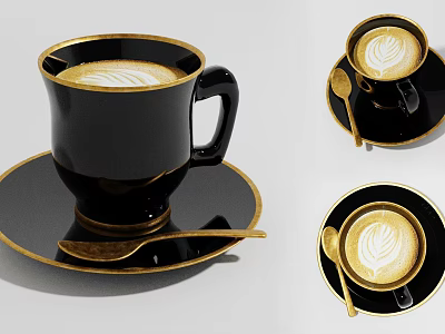 Black Coffee Cup With Gold Rim Latte Art Saucer And Spoon 3d model