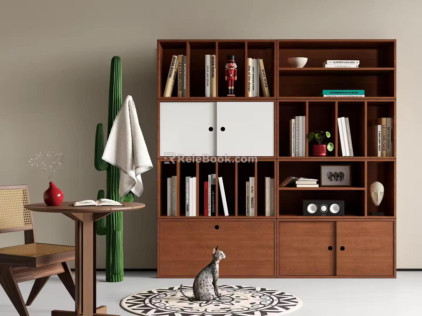Modern Middle Ancient Bookcase Finished Bookcase Bookshelf Cactus Combination Bookcase Casual Table and Chair 3d model