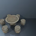 Rustic Textured Outdoor Table With Round Tabletop And Six Drum Shaped Stools 3d model