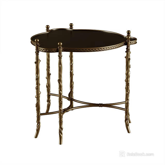 Elegant Round Top Corner Table With Black Surface Golden Twisted Legs And Decorative Knobs 3d model