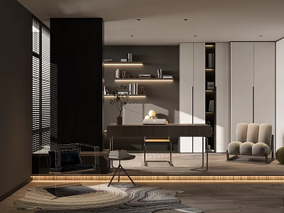Modern Study Room Interior With Dark Column Bookshelves Wooden Desk Beige Armchair And Textured Rug 3d model