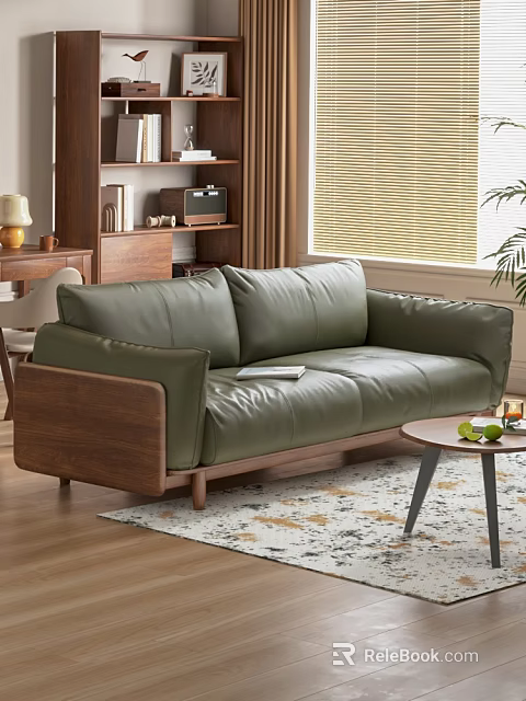 Green Leather Double Sofa With Walnut Wood Frame In Modern Living Room 3d model 