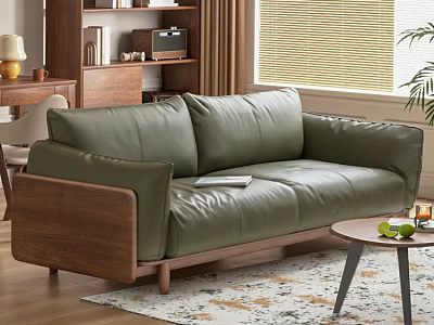 Green Leather Double Sofa With Walnut Wood Frame In Modern Living Room 3d model