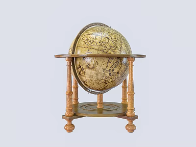 Antique Decorative Globe On Vintage Wooden Stand With Detailed Maps 3d model