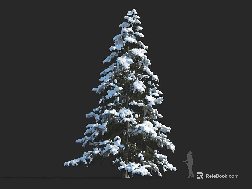Snow Covered Pine Tree with Human Figure for Size Comparison Against Dark Background 3d model 