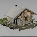 Rustic Wooden Cabin With Stone Walls Corrugated Metal Roof Wooden Framed Window And Greenery Rocks