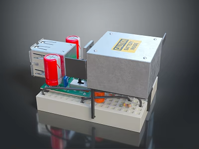 Computer Circuit Board Component With Red Capacitors Metal Casing And Warning Label 3d model