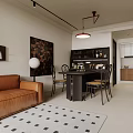 Living And Dining Room With Brown Leather Sofa Black White Rug Hanging Lamp Decorative Painting
