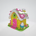 Ancient Architecture Model Featuring Colorful Design Yellow Body Pink Door Green Base And Mushroom Decorations