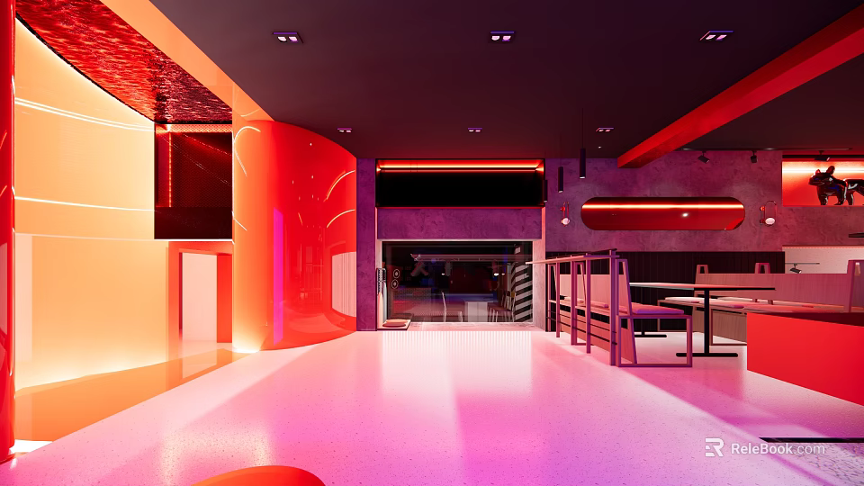 Modern Restaurant Interior With Red Decor Open Space Seating And Lighting Design 3d model