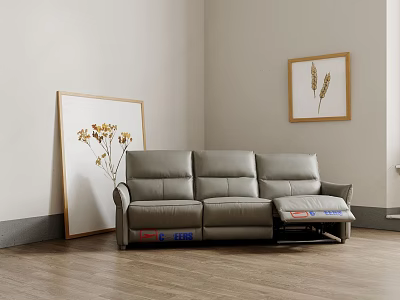 Gray Three-Seater Leather Sofa In Modern Living Room With Wheat Flower Paintings And Wooden Floor 3d model