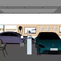 Modern Car Showroom Interior Featuring Blue Purple Vehicles Wheel Exhibits And Digital Screens