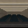 Modern Spacious Conference Room With Rows of Tiered Blue Seats And Wooden Linear Lighting