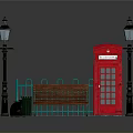Street Scene Components With Red Telephone Booth Black Street Lamps And Wooden Bench