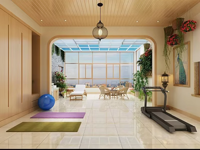 Villa Balcony With Wooden Ceiling Glass Roof Large Windows Plants Yoga Mats And Treadmill 3d model