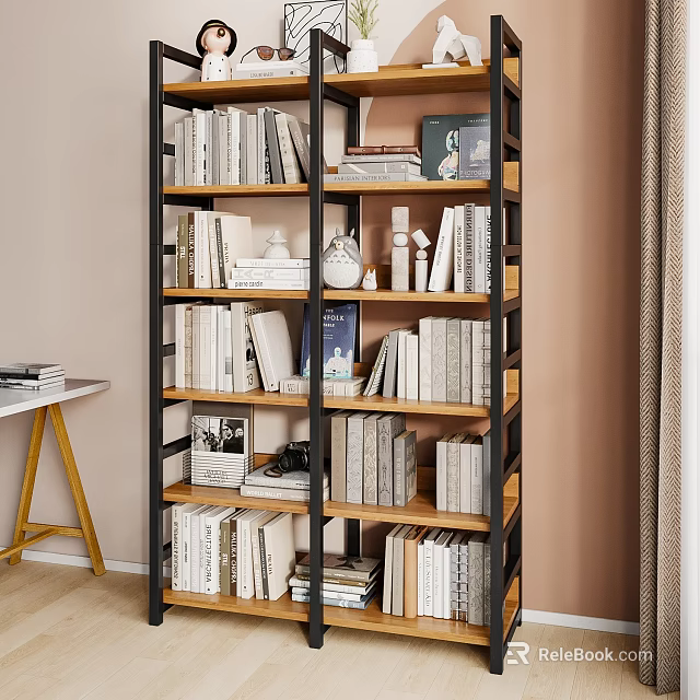 Stylish Black Frame Bookcase With Multiple Shelves Books And Decorative Items In Cozy Room 3d model 