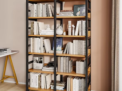 Stylish Black Frame Bookcase With Multiple Shelves Books And Decorative Items In Cozy Room 3d model