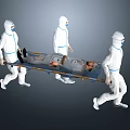 Team Of Medical Staff In Protective Suits Carrying Patient On Stretcher