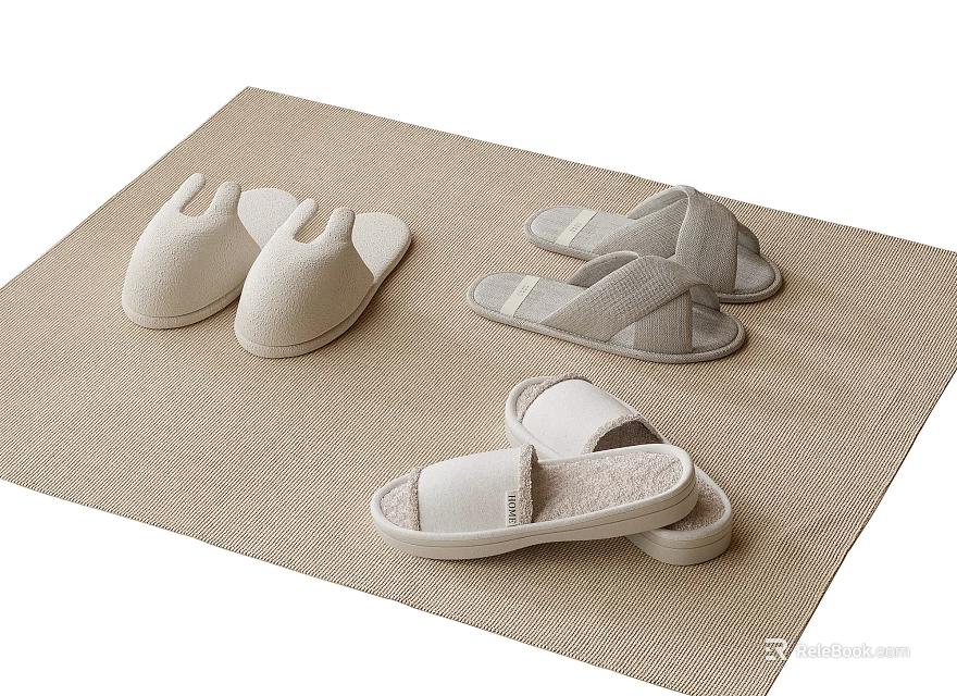 Three Pairs Of Slippers In Different Styles On A Mat 3d model 