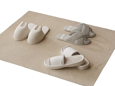 Three Pairs Of Slippers In Different Styles On A Mat 3d model