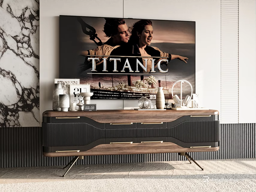 Modern TV Stand With Wooden Design Drawers Metal Legs And Decorative Items Under Titanic Poster 3d model 