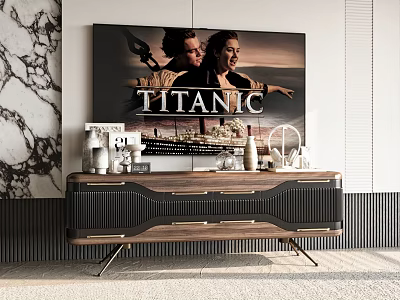 Modern TV Stand With Wooden Design Drawers Metal Legs And Decorative Items Under Titanic Poster 3d model