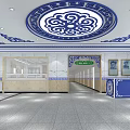 Elegant Public Hall Interior With Blue White Decorations Ceiling Patterns And Red Electronic Screen 3d model