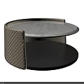 Modern Round Side Table With White Marble Top Woven Beige Panel And Black Lower Shelf 3d model