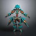 Intelligent Robot 3D Render Featuring Turquoise And Orange Complex Mechanical Armor Design
