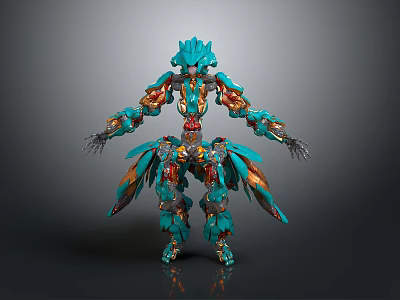 Intelligent Robot 3D Render Featuring Turquoise And Orange Complex Mechanical Armor Design 3d model