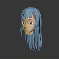 3D Human Head Model with Long Light Blue Hair and Detailed Facial Features