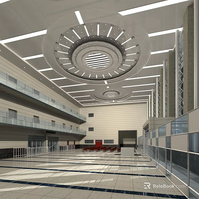 Modern Station Interior With Circular Ceiling And Multi Level Glass Railings 3d model 