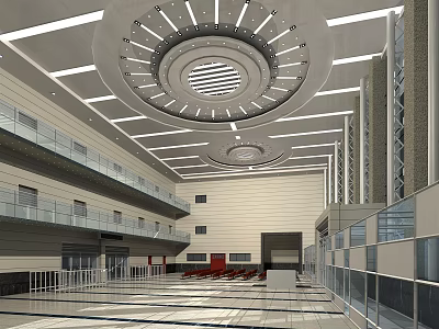 Modern Station Interior With Circular Ceiling And Multi Level Glass Railings 3d model
