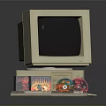 Vintage Electronic Appliances Setup With CRT Monitor Keyboard And Colorful Discs