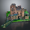 Cartoon Castle Scene With Towers Domes Stone Walls And Green Grass