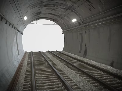 Inside View Of Concrete Rail Tunnel Infrastructure With Parallel Tracks And Lighting 3d model