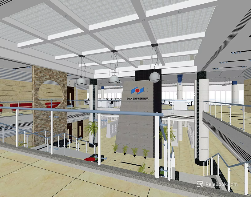 Modern Front Desk Reception Area With Blue Sky Group Logo And Spacious Lobby 3d model 