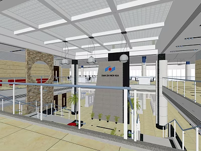 Modern Front Desk Reception Area With Blue Sky Group Logo And Spacious Lobby 3d model