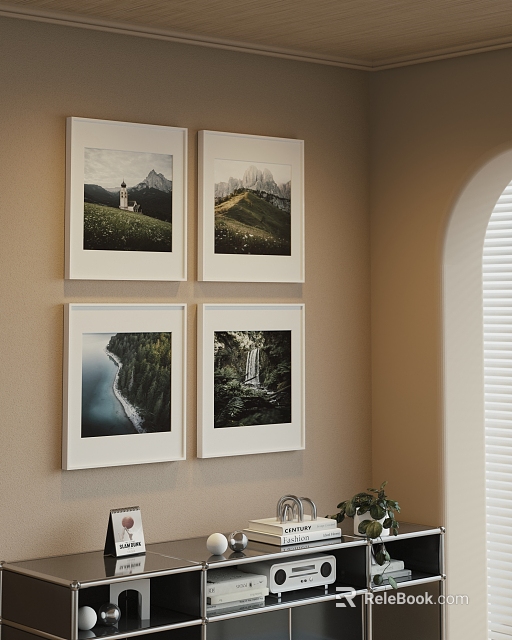 Four Scenic Landscape Paintings in White Frames Hanging on Wall Featuring Lighthouse Mountain Lake Waterfall 3d model 