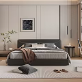 Modern Bedroom Interior With King Bed Gray Bedding Artwork Potted Plant And Area Rug