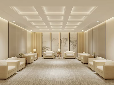 Elegant Hotel Public Lounge Area With Beige Sofas Modern Ceiling And Decorative Painting 3d model
