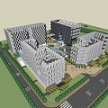 Modern Office Building Complex With Central Water Feature Green Spaces And Pedestrian Plaza