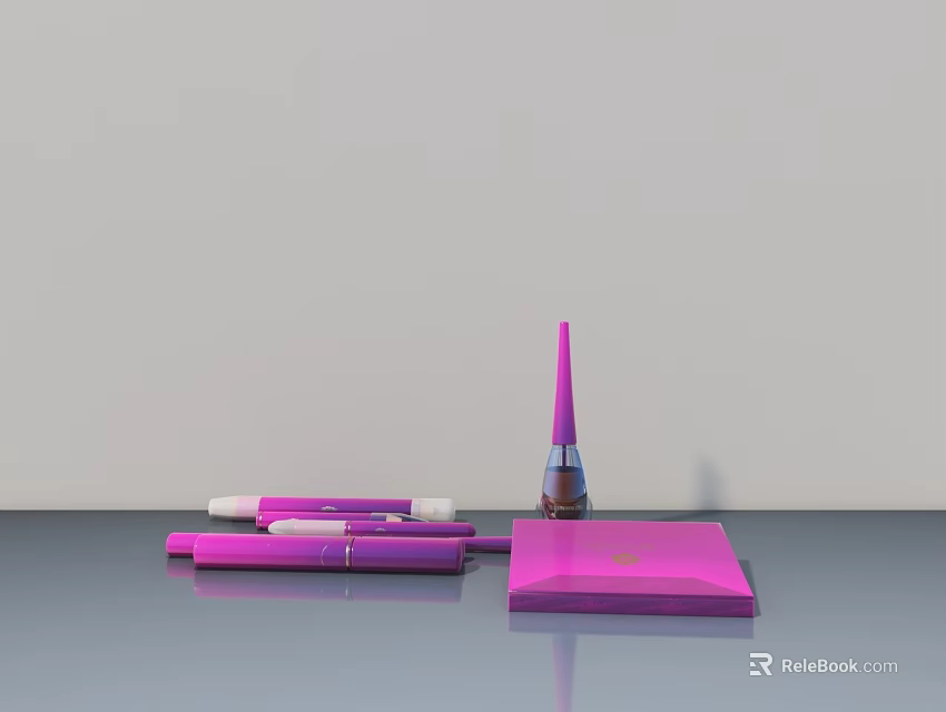 Purple Stationery Collection With Pens Notebook And Pointed Bottle On Gray Desk 3d model 