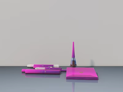 Purple Stationery Collection With Pens Notebook And Pointed Bottle On Gray Desk 3d model