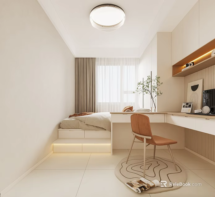 Modern Minimalist Tatami Bedroom With Desk Orange Chair Window Curtains And Green Plant 3d model 