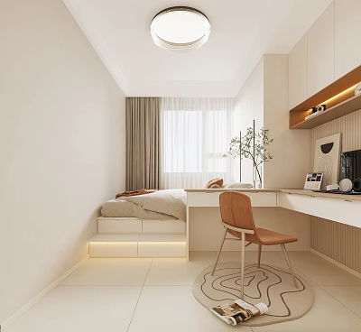 Modern Minimalist Tatami Bedroom With Desk Orange Chair Window Curtains And Green Plant 3d model