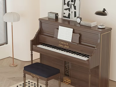 Brown Wooden Piano With Music Sheet Decorative Artwork And Table Lamp In Cozy Interior 3d model
