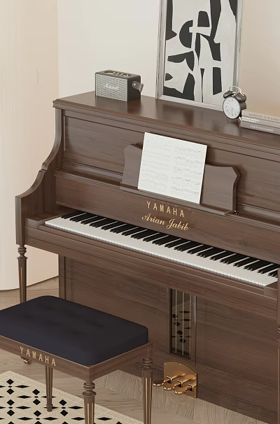 Brown Wooden Piano With Music Sheet Decorative Artwork And Table Lamp In Cozy Interior 3d model